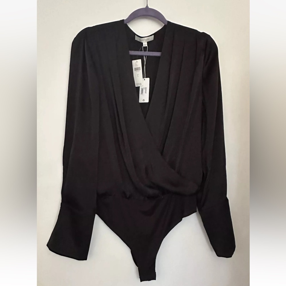 NWT Favorite Daughter Chiffon Bodysuit Black Women’s Size L Long Sleeve Pleated - Picture 15 of 16